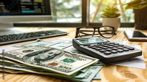 A wooden desk adorned with hundred-dollar bills and a calculator, symbolizing financial calculations and money management strategies in a modern office environment