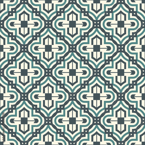 Seamless surface design with ogee ornament. Oriental traditional pattern with repeated mosaic tile. Tracery window wallpaper. Moroccan lantern motif. Arabesque digital paper, textile print. Vector art