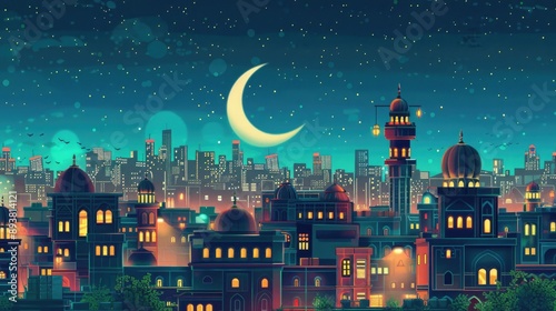 Nighttime cityscape with crescent moon, illuminated buildings, Ramadan lanterns, families gathering for Suhoor, festive mood. Crescent moon sky ramadan