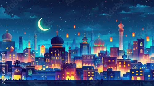 Crescent moon over cityscape, modern and traditional buildings, Ramadan lanterns, vibrant and festive atmosphere for Suhoor. Crescent moon sky ramadan © cvetikmart