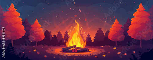 Cosy campfire with marshmallows roasting on sticks. Vector flat minimalistic isolated illustration.