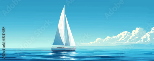 Sailing yacht gliding on azure waters. Vector flat minimalistic isolated illustration.