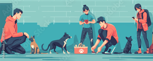 Volunteers helping homeless animals in a shelter. Vector flat minimalistic isolated illustration.