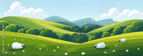 A peaceful countryside scene with rolling hills and grazing sheep. Vector flat minimalistic isolated illustration.