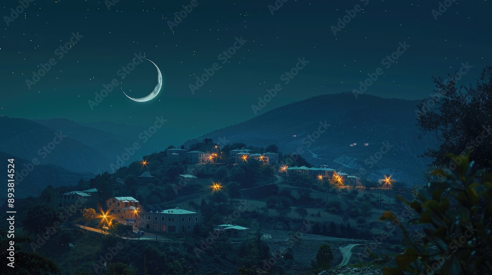 Crescent moon glowing above quiet mountain village, lights dotting landscape, calm and serene ambiance for Ramadan night. Crescent moon sky ramadan Crescent moon glowing above quiet mountain village, lights dotting landscape, calm and serene ambiance for Ramadan night. Crescent moon sky ramadan