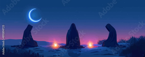 Enigmatic moonlit ritual conducted by mysterious cloaked figures. Vector flat minimalistic isolated illustration.