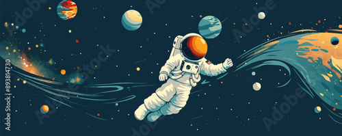 Astronaut swimming in open space near a space station. Vector flat minimalistic isolated illustration.