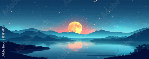 Crescent moon casting a soft glow on a tranquil scene. Vector flat minimalistic isolated illustration.