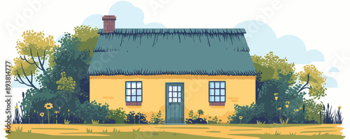 Quaint countryside cottage with a thatched roof Vector flat minimalistic isolated illustration