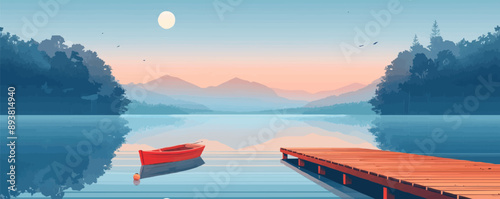 A serene lakeside scene with a wooden dock and a rowboat floating in the water. Vector flat minimalistic isolated illustration.