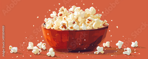 A bowl of popcorn with kernels scattered around. Vector flat minimalistic isolated illustration.