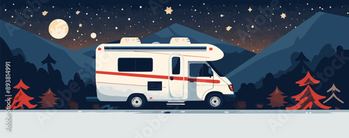A campervan parked under a starry sky, ready for a night of camping under the stars on a white background. Vector flat minimalistic isolated illustration.
