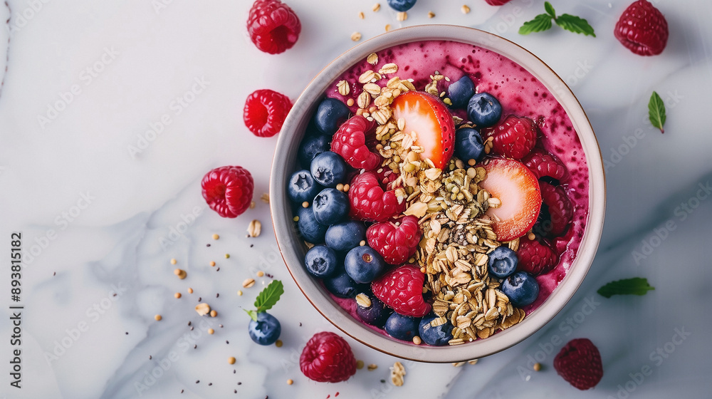 Berry smoothie in a deep bowl is decorated with strawberries, blueberries, raspberries, chia seeds, cranberries and crispy granola