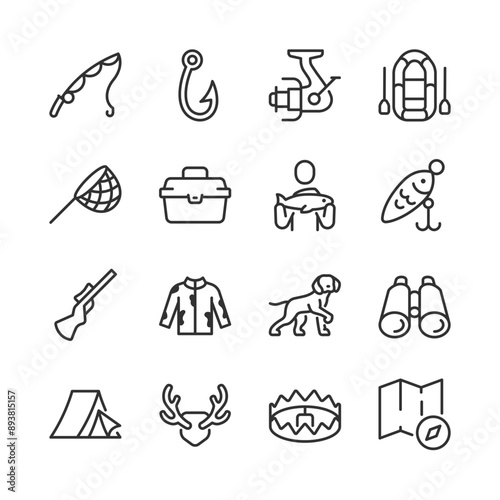 Hunting and Fishing, Icon Set. Outdoor Activities and Gear for Hunting and Fishing. Fishing Rod, Spinning Rod, Boat, Net, Fisherman and Fish, Lure, Bait, Rifle, Dog, Trophy. Line with editable stroke