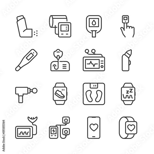 Medical Devices for Health Monitoring, Icon Set. Various Devices for Tracking and Maintaining Health. Health and Medical Care. Inhaler, Oximeter, Nebulizer, ECG, Capnograph, etc. Line editable stroke