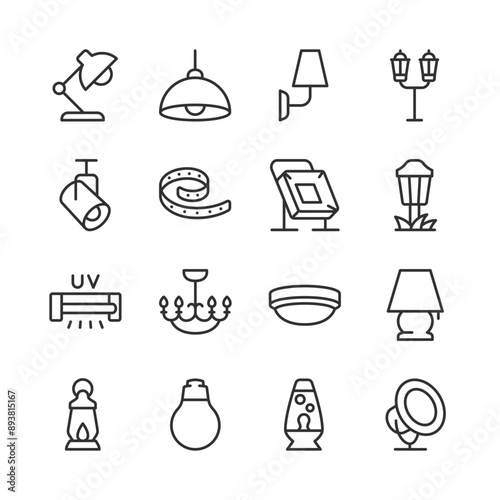 Lamps, Lights, and Chandeliers for Various Purposes, Icon Set. Different Types of Lighting Fixtures. Home, Outdoor, and Specialized Lighting. Line with editable stroke