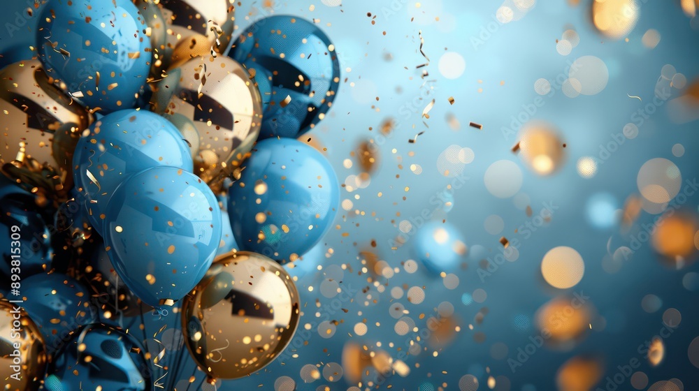 A bunch of blue and gold balloons with glittery confetti falling around ...