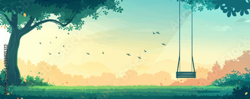Swing hanging from a tree branch in a park. Vector flat minimalistic isolated illustration.