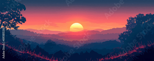 A radiant sunrise over a tranquil countryside landscape. Vector flat minimalistic isolated illustration.