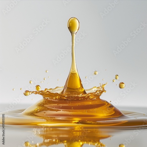 Product photography, commercial shooting of drops and splashes of golden oil on white background