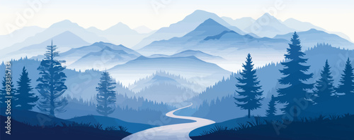 Serene mountain landscape with pine trees and a winding path Vector flat minimalistic isolated illustration