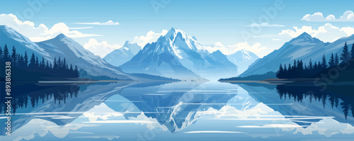 A serene mountain lake reflecting the snow-capped peaks of the surrounding mountains. Vector flat minimalistic isolated tion.