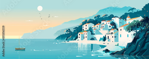 A tranquil coastal village with white sand beaches and turquoise waters. Vector flat minimalistic isolated illustration.