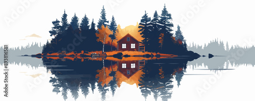Peaceful lakeside cabin surrounded by trees Vector flat minimalistic isolated illustration