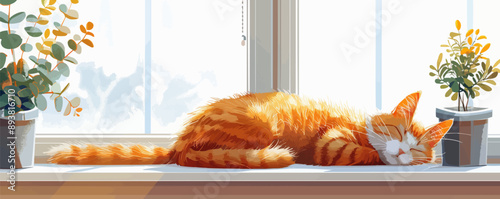 Sleepy cat curled up on a sunlit windowsill. Vector flat minimalistic isolated illustration.