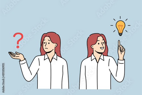 Business woman comes up with idea after problem arises and rejoices at finding answer to question. Upset manager, who learned about presence of trouble, rejoices having come up with brilliant idea