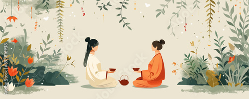 Serene tea ceremony steeped in tradition and mindfulness. Vector flat minimalistic isolated illustration.