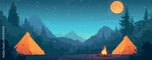 Retro camping scene with tents and campfire Vector flat minimalistic isolated illustration
