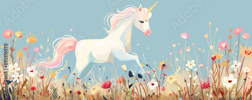 Magical unicorn prancing in a field of flowers. Vector flat minimalistic isolated illustration.