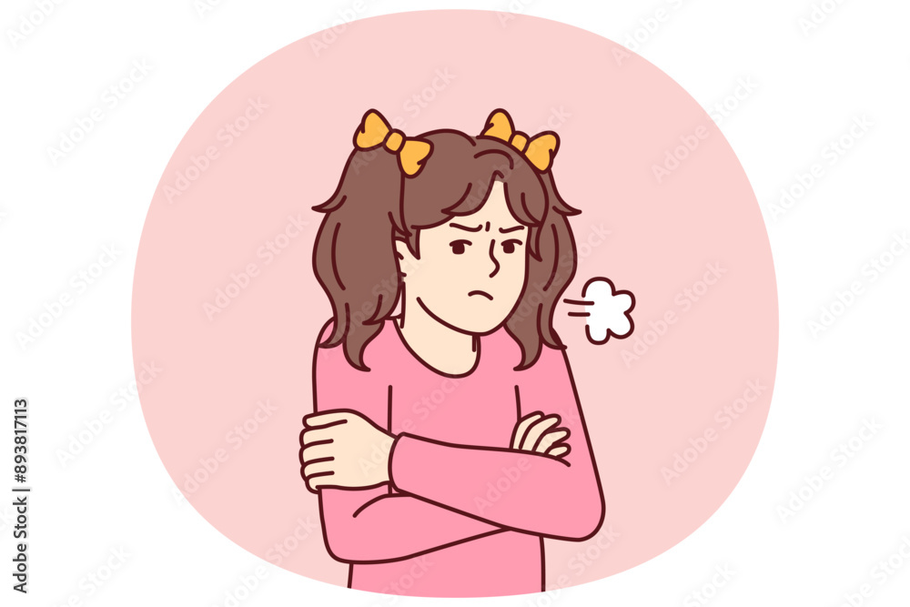 Angry little girl stands with arms crossed feeling hurt after being punished by kindergarten staff. Pre-teenage girl feels resentful after argument with parents or elementary school teachers Angry little girl stands with arms crossed feeling hurt after being punished by kindergarten staff. Pre-teenage girl feels resentful after argument with parents or elementary school teachers