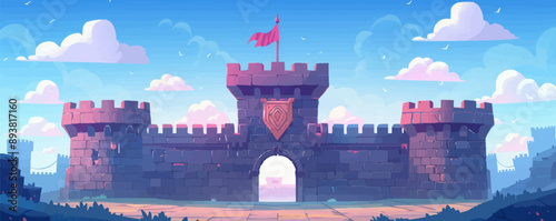 Medieval castle courtyard with a drawbridge and flag Vector flat minimalistic isolated illustration