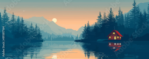 A cozy lakeside cabin nestled among tall pine trees. Vector flat minimalistic isolated illustration.