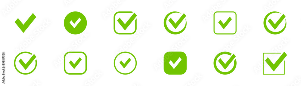 Check mark icon set. Checkmarks and confirm. Check marks for agreement, vote, confirmation, choise. Vector illustration.