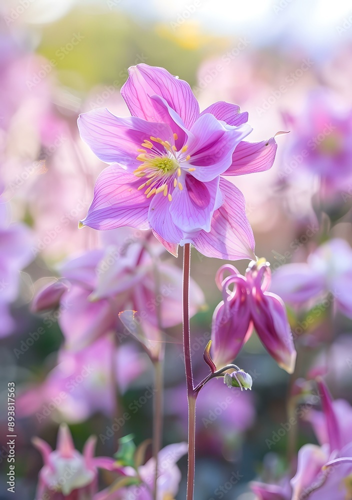 Fototapeta premium Pink Columbine Flower In Bloom With Blurred Background