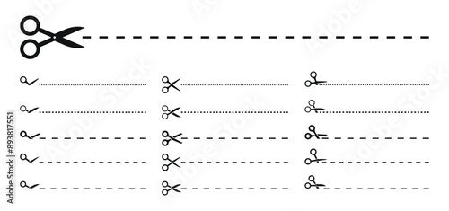 Set of scissors with cut lines. Black scissors cutting. Vector icons.