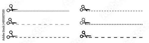 Set of scissors with cut lines. Black scissors cutting. Vector icons.