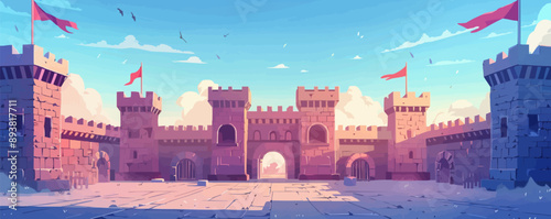 Medieval castle courtyard with a drawbridge and flag Vector flat minimalistic isolated illustration