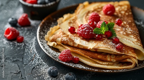 A closeup of golden crepes topped with fresh raspberries blueberries and powdered sugar