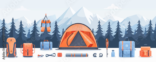 Outdoor adventure gear and hiking essentials with camping tent on a clean white surface. Vector flat isolated illustration.