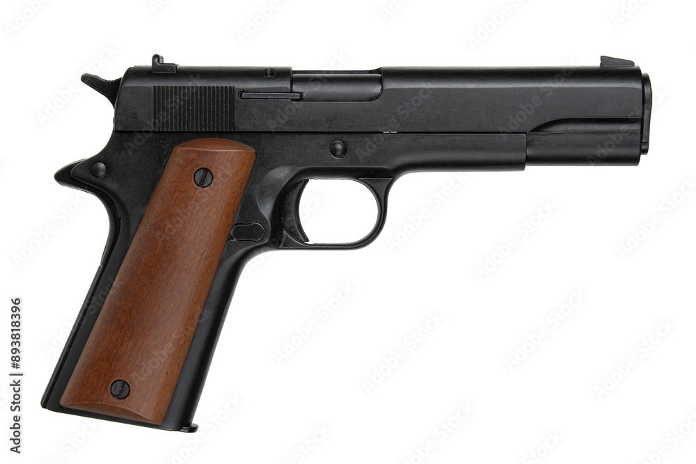 Semi-automatic pistol with wooden handle. Armament for the army and police. Short-barreled weapon. Isolate on white back. Semi-automatic pistol with wooden handle. Armament for the army and police. Short-barreled weapon. Isolate on white back.