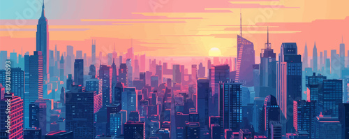 Modern cityscape with bustling streets and skyscrapers Vector flat minimalistic isolated illustration
