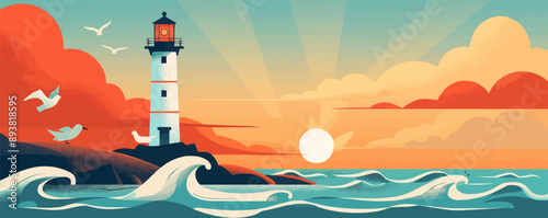 Coastal lighthouse with crashing waves and seagulls Vector flat minimalistic isolated illustration