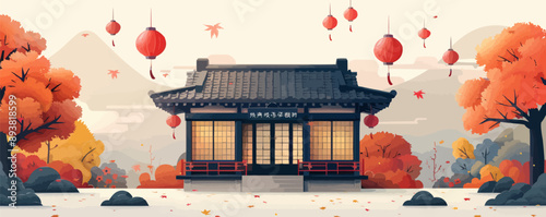 Traditional Japanese house with paper lanterns. Vector flat minimalistic isolated illustration.