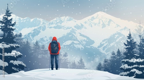 Majestic Winter Hike in Snowy Mountains - A solitary hiker in a red jacket gazes at majestic snow-covered mountains, surrounded by evergreen trees in a serene winter landscape. photo