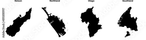 Nelson, Northland, Otago, Southland outline maps photo