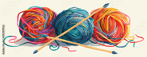 Tangled skein of yarn with knitting needles. Vector flat minimalistic isolated illustration.